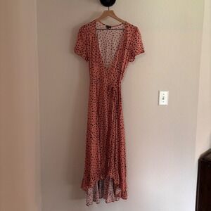 Lira Pink Polka Dot Wrap Dress High Low Ruffle Hem V-Neck M